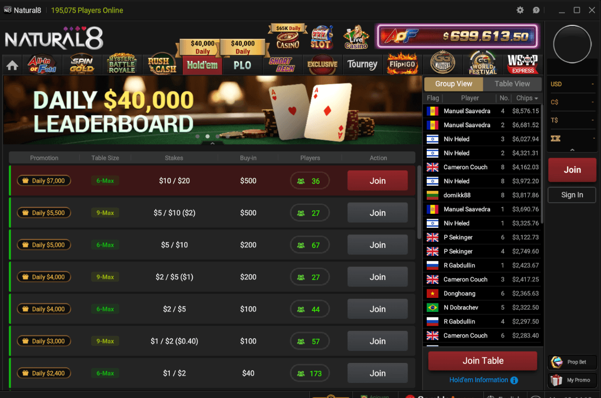 Natural8 Cash Game Lobby 2026